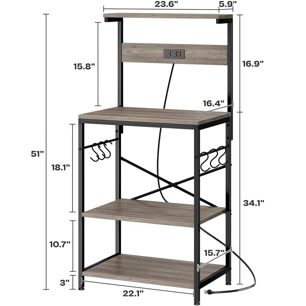 SUPERJARE Kitchen Bakers Rack with Power Outlet, Coffee Bar Table 4 Tiers, Kitchen Microwave Stand with 6 S-shaped Hooks, Storage Shelf Rack for Spices, Pots and Pans - Rustic Brown