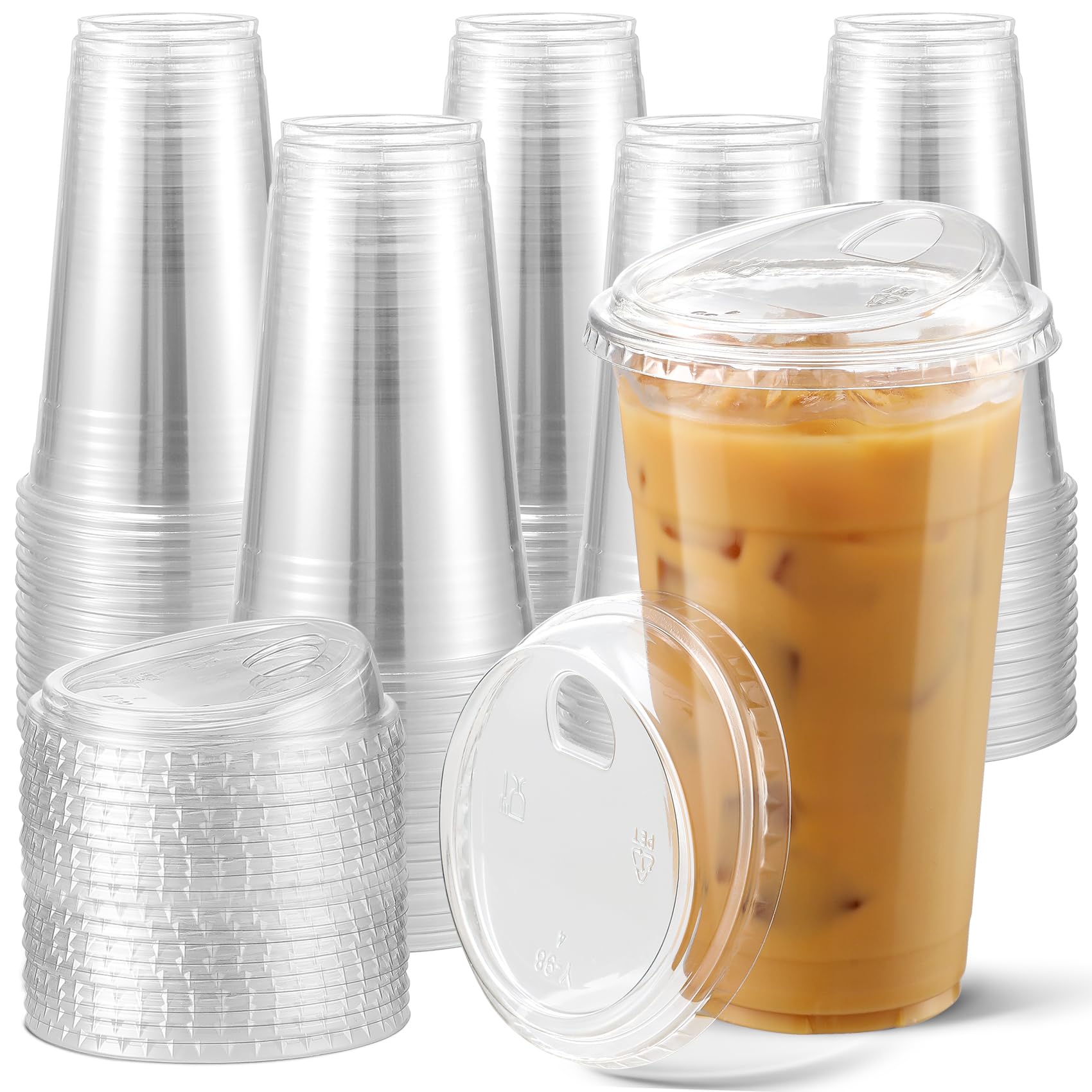 AOZITA 100 Pack - Clear 16 Oz Plastic Cups With Lids, Disposable Iced Coffee Cups With Lids for Party Drinks, Bubble Tea and Cold Beverage, BPA Free & Food Safe