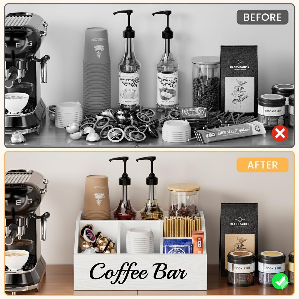 Coffee Station Organizer for Countertop – Wooden Coffee Bar Organizer with Adjustable Dividers,Holds K Cup Pod & syrup bottles, for Kitchen, Office, or Bar and Tea Station, Black