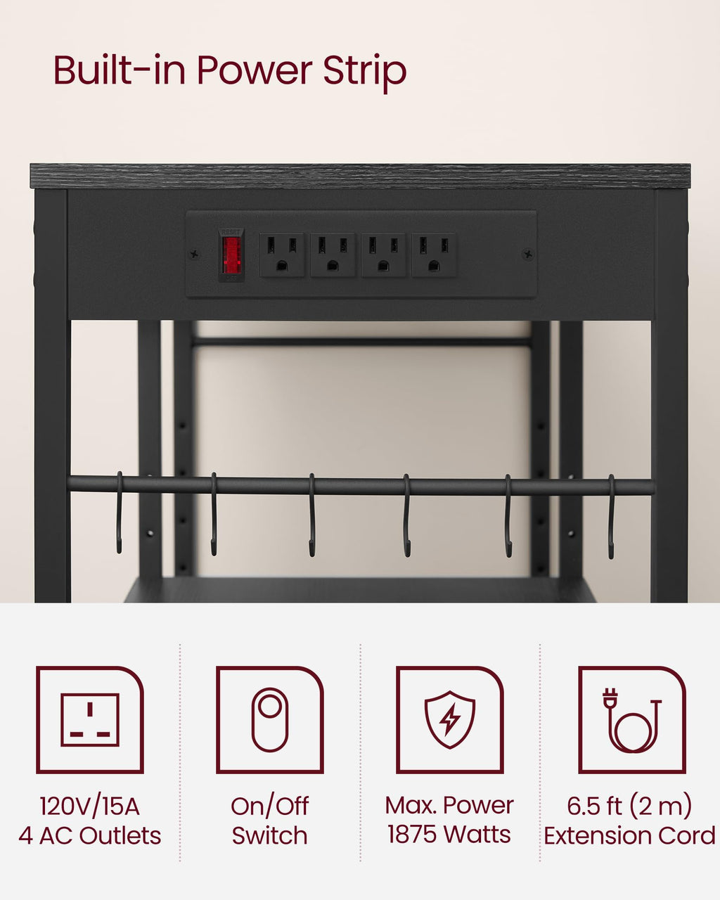 VASAGLE Baker's Rack, Coffee Bar Stand with Charging Station, 35.6 Inches Tall, Storage Shelves, Pull-Out Wire Basket, Table for Microwave, Kitchen, Rustic Brown and Ink Black UKKS036K01