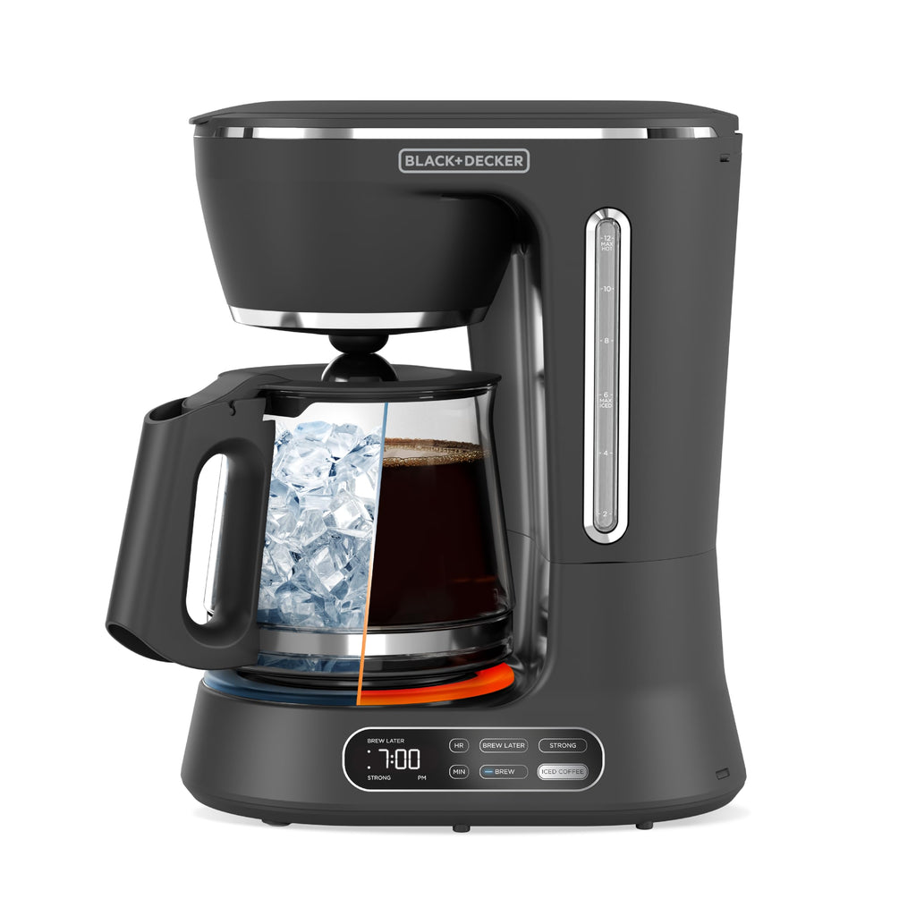 BLACK+DECKER 12-Cup Digital Coffee Maker, Programmable, Washable Basket Filter, Sneak-A-Cup, Auto Brew, Water Window, Keep Hot Plate, Black