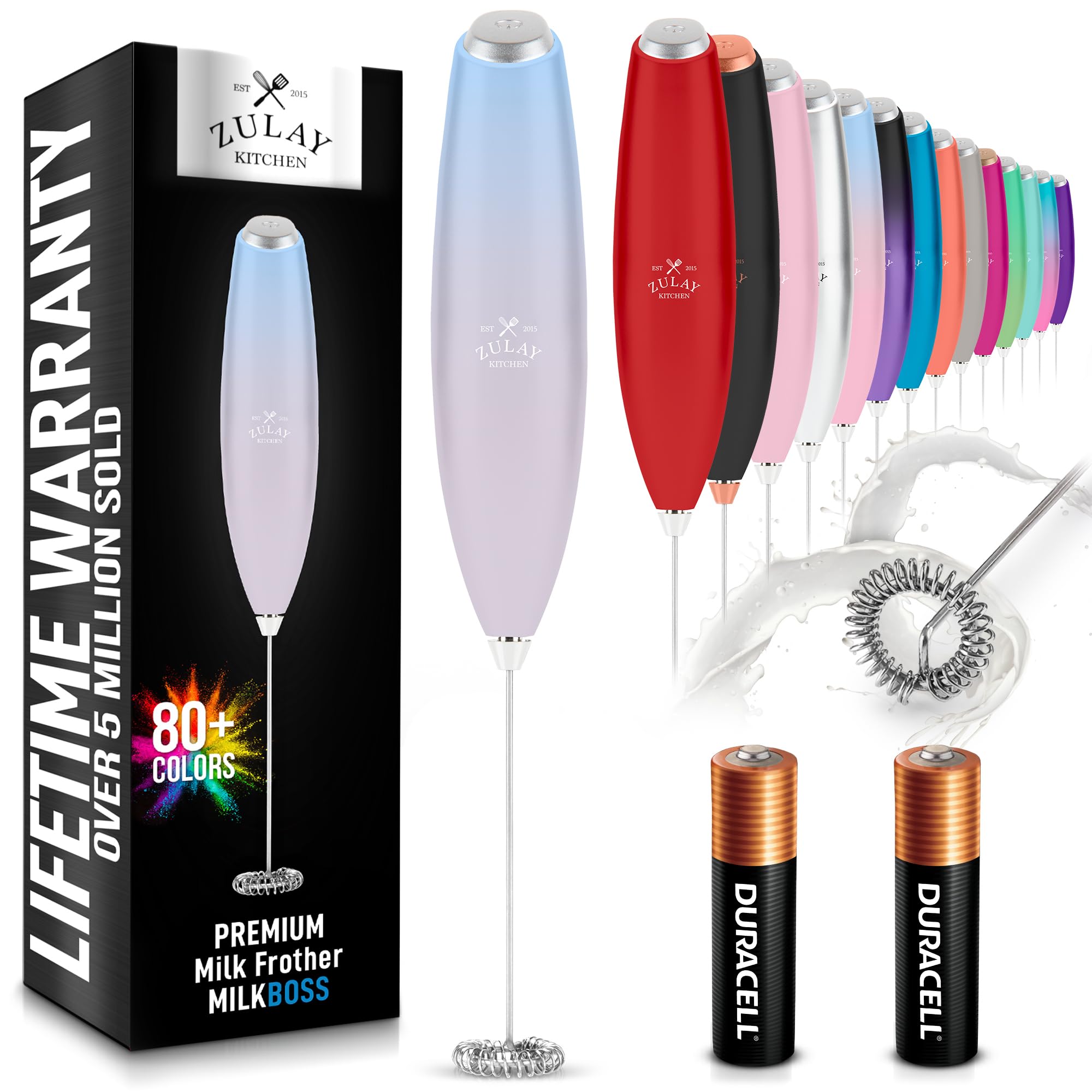 Zulay Kitchen Powerful Milk Frother AA Batteries Included – Ultra Fast Handheld Drink Mixer with Stainless Steel Whisk Stirrer for Coffee, Protein, Matcha & More, Frother Wand Electric Frothmate Black