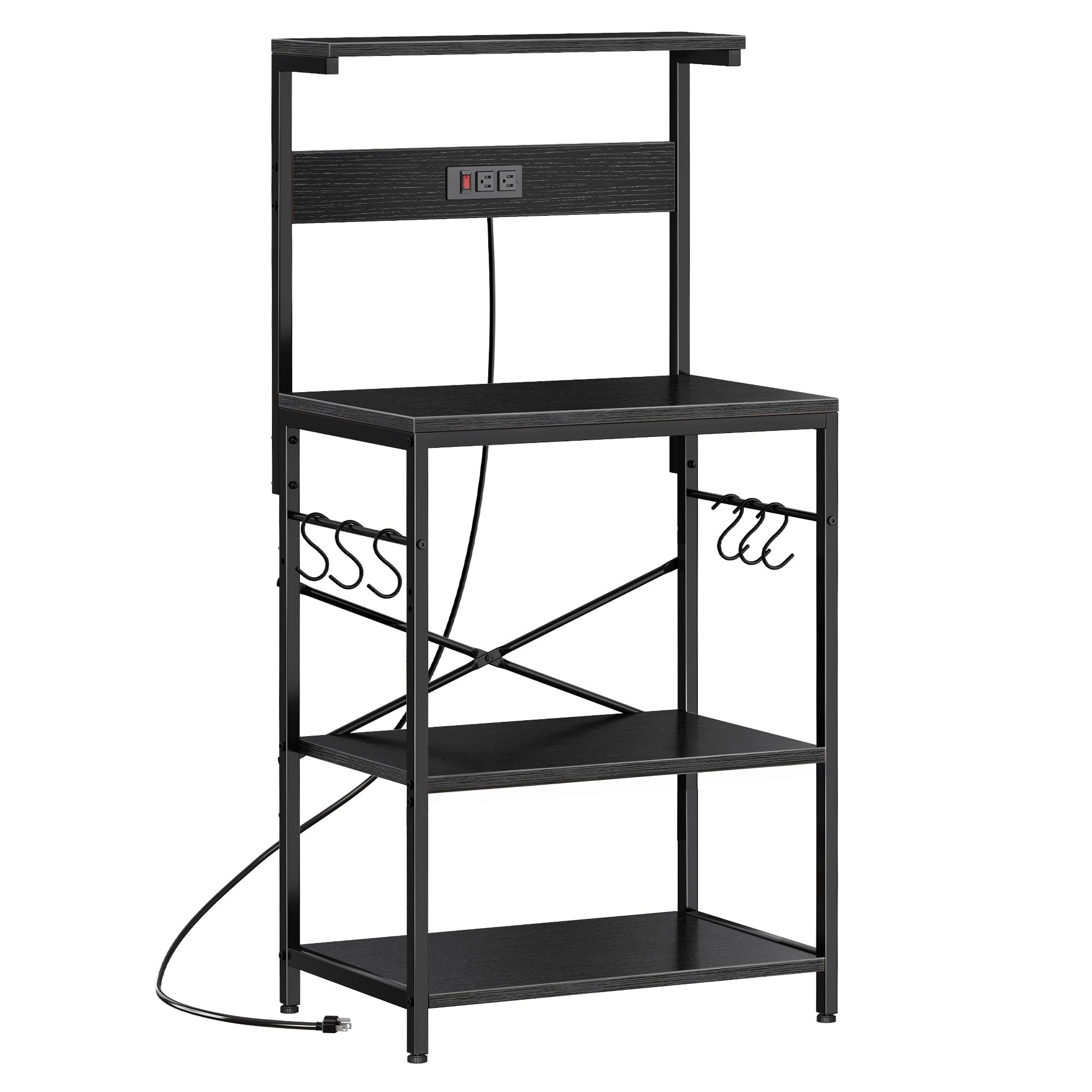 SUPERJARE Kitchen Bakers Rack with Power Outlet, Coffee Bar Table 4 Tiers, Kitchen Microwave Stand with 6 S-shaped Hooks, Storage Shelf Rack for Spices, Pots and Pans - Rustic Brown