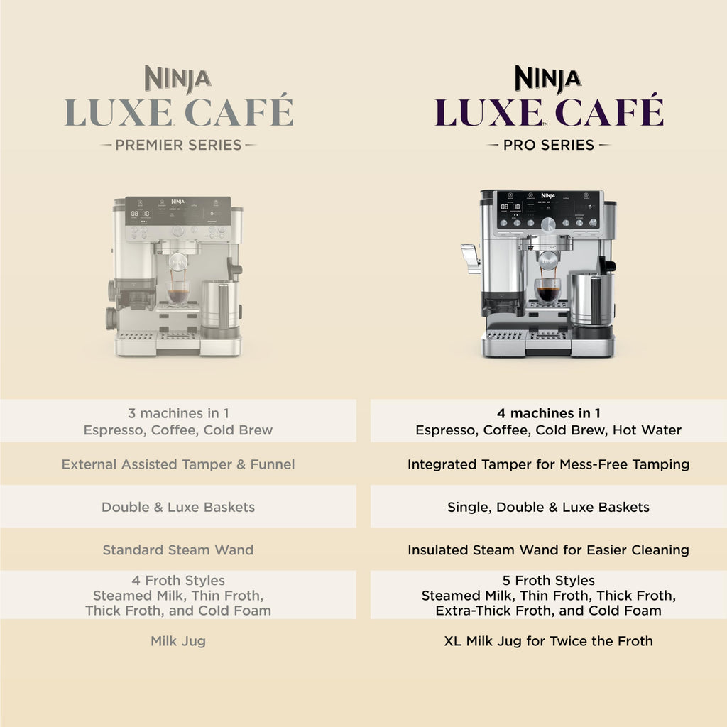 Ninja Luxe Café Pro Series, Espresso Machine, Drip Coffee, Cold Brew, Hot Water, Integrated Tamper, Built-in Grinder, Hands-Free Frother for Cappuccinos, Lattes, Americanos, Dairy or Non-Dairy, ES701