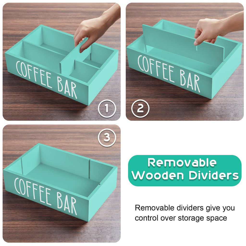 ALELION Coffee Station Organizer - Wood Countertop Accessories Organizer with Removable Dividers for Pods Condiment Syrup Tea Cups Stirrers - for Farmhouse Coffee Bar Decor