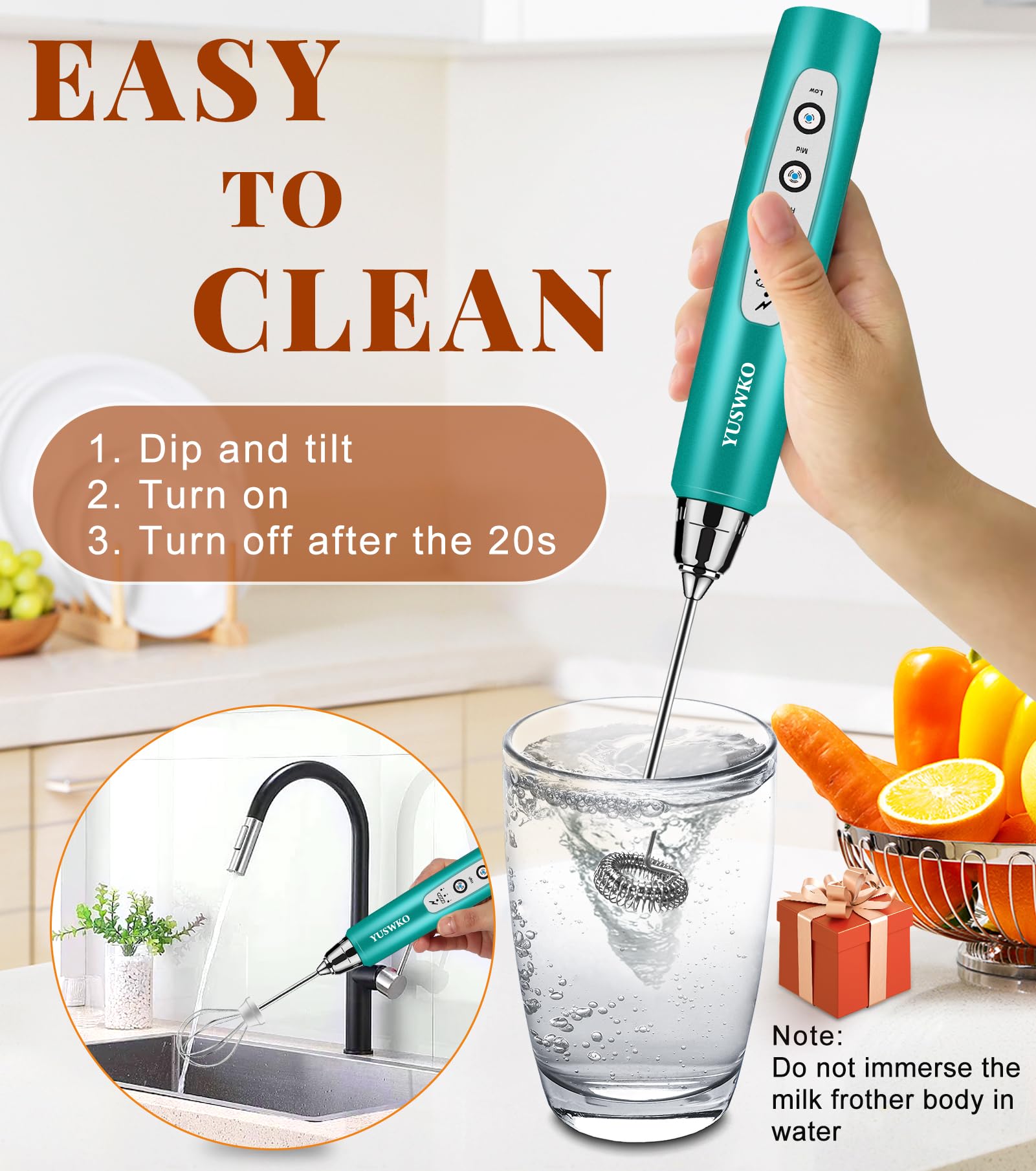 YUSWKO Black Handheld Milk Frother Wand for Coffee, Rechargeable Electric Whisk with 3 Heads 3 Speeds Drink Mixer Coffee Frother For Latte, Cappuccino, Hot Chocolate, Egg