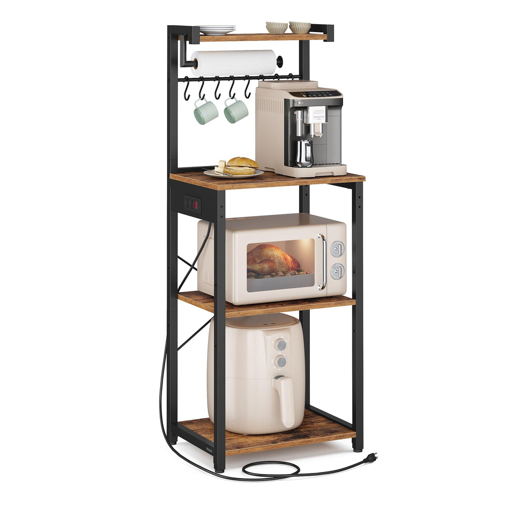 VASAGLE BARNET Collection - Kitchen Bakers Rack with Power Outlet, 31.5-Inch Wide Coffee Bar 4-Tier with 8 S Hooks, Modern Microwave Stand, Adjustable Shelf, Rustic Brown and Ink Black UKKS029KD01