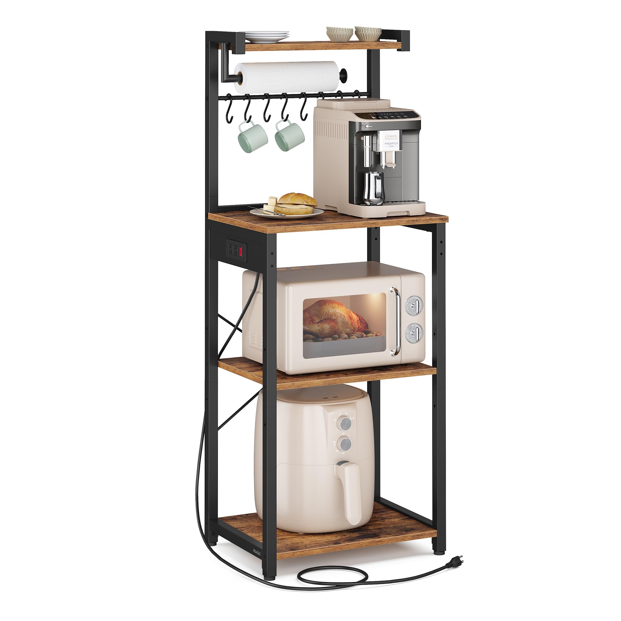 VASAGLE BARNET Collection - Kitchen Bakers Rack with Power Outlet, 31.5-Inch Wide Coffee Bar 4-Tier with 8 S Hooks, Modern Microwave Stand, Adjustable Shelf, Rustic Brown and Ink Black UKKS029KD01