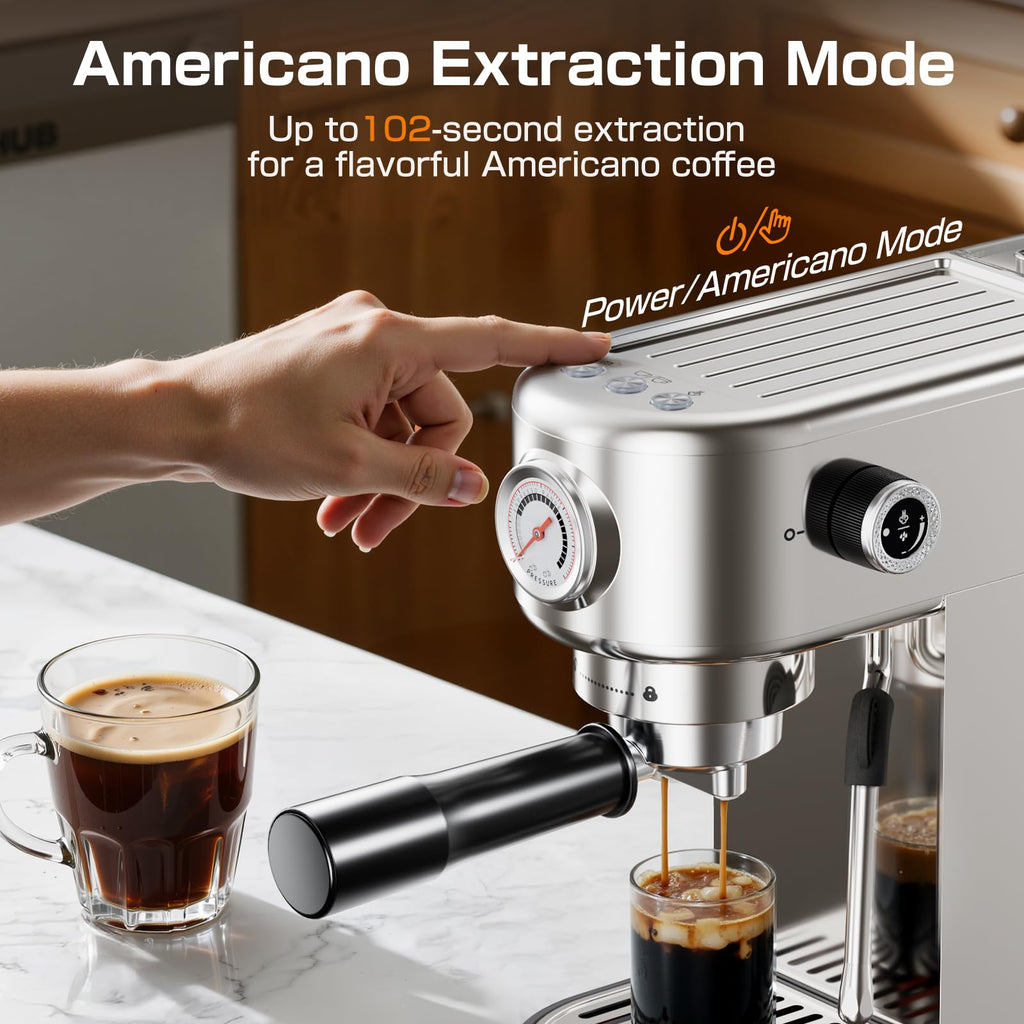 atatix Espresso Machine with Milk Frother, 20 Bar Pressure Espresso Maker, with 44OZ Removable Tank, Compact Stainless Steel Coffee Machine for Home, Office, Latte, Cappuccino, Macchiato, Silver