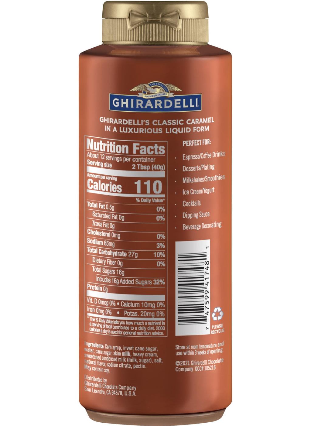 Ghirardelli Caramel Sauce Squeeze Bottle, 16 oz (Pack of 1)