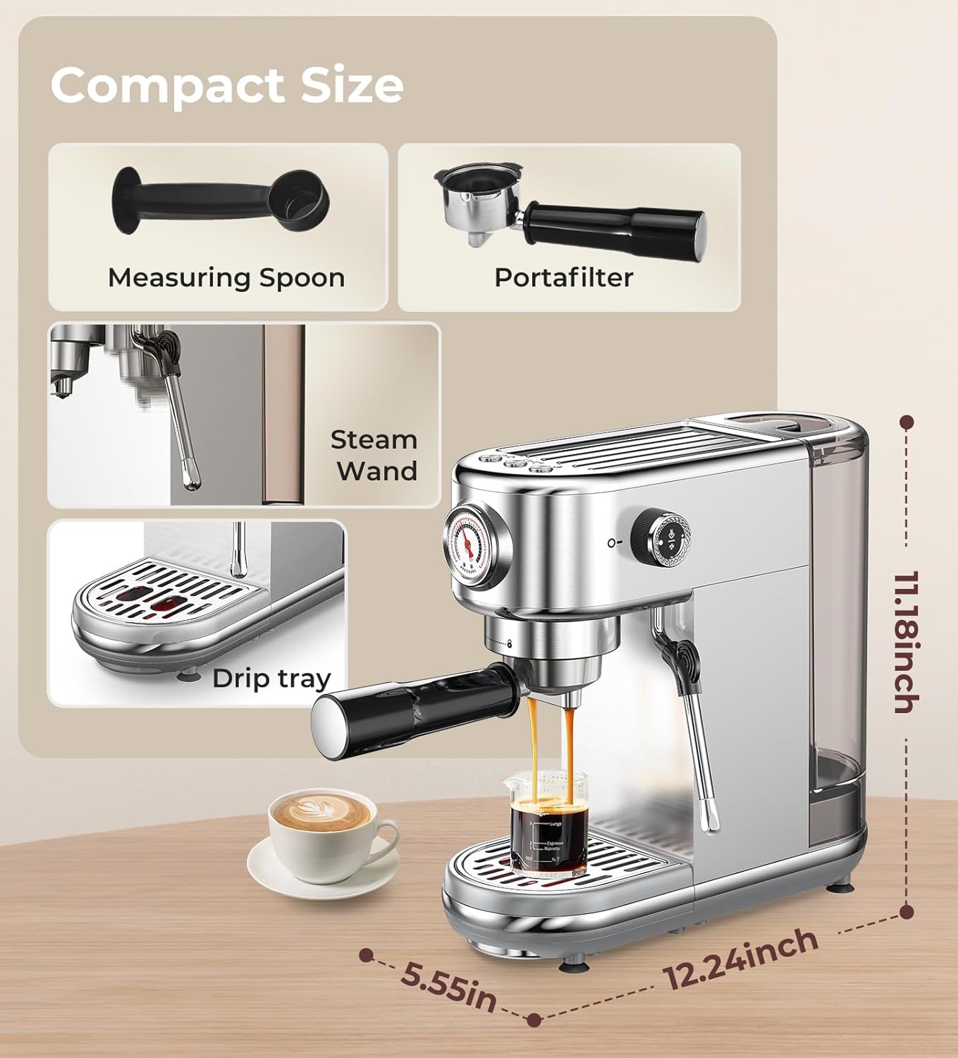 Espresso Machine with Milk Frother, 20 Bar Pressure Espresso Maker, with 44OZ Removable Tank, Compact Stainless Steel Coffee Machine for Home, Office, Latte, Cappuccino, Gift for Women or Men
