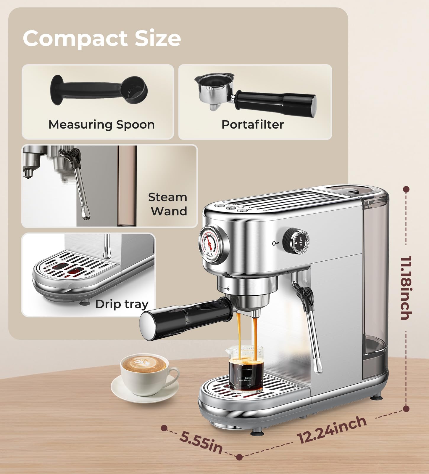 atatix Espresso Machine with Milk Frother, 20 Bar Pressure Espresso Maker, with 44OZ Removable Tank, Compact Stainless Steel Coffee Machine for Home, Office, Latte, Cappuccino, Macchiato, Silver