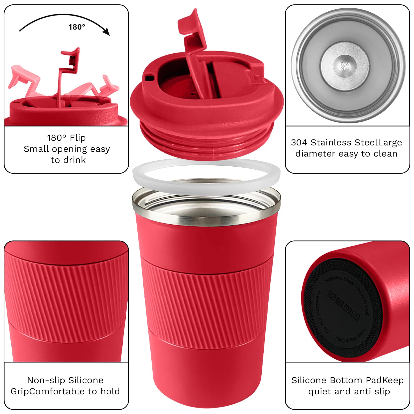 YINBAOGE Insulated Travel Coffee Mug, Spill & Leak Proof, Portable To Go Camping Stainless Steel Coffee Tumbler, Reusable Thermal Coffee Cup with Lid for Hot & Cold Drinks (Black, 12 OZ)