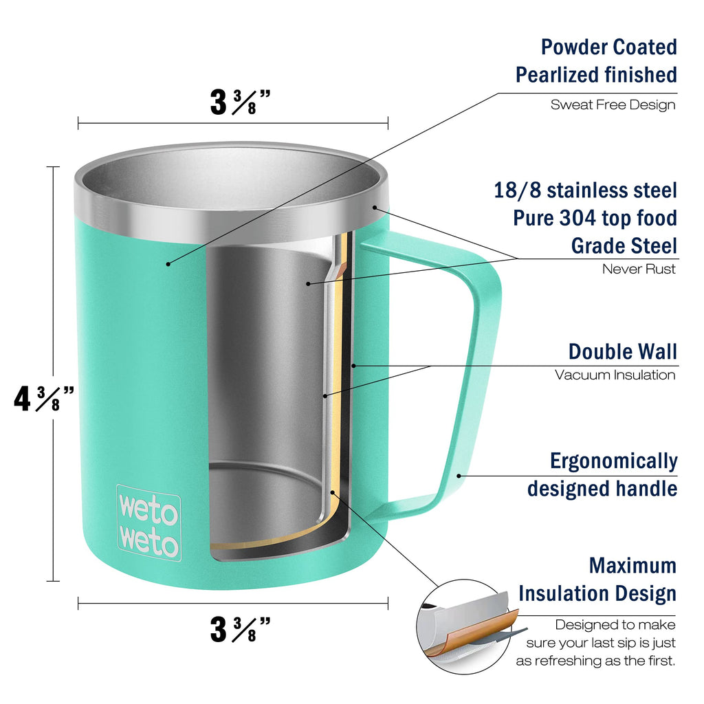 WETOWETO Coffee Mug with Handle, 14oz Insulated Stainless Steel Coffee Travel Mug, Double Wall Vacuum Reusable Coffee Cup with Lid, Powder Coated Rose Gold
