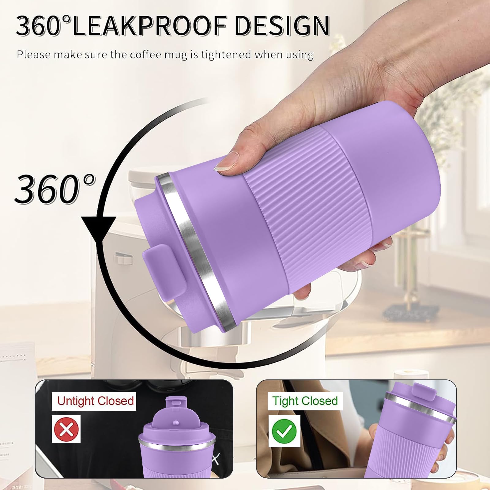 YINBAOGE Insulated Travel Coffee Mug, Spill & Leak Proof, Portable To Go Camping Stainless Steel Coffee Tumbler, Reusable Thermal Coffee Cup with Lid for Hot & Cold Drinks (Black, 12 OZ)