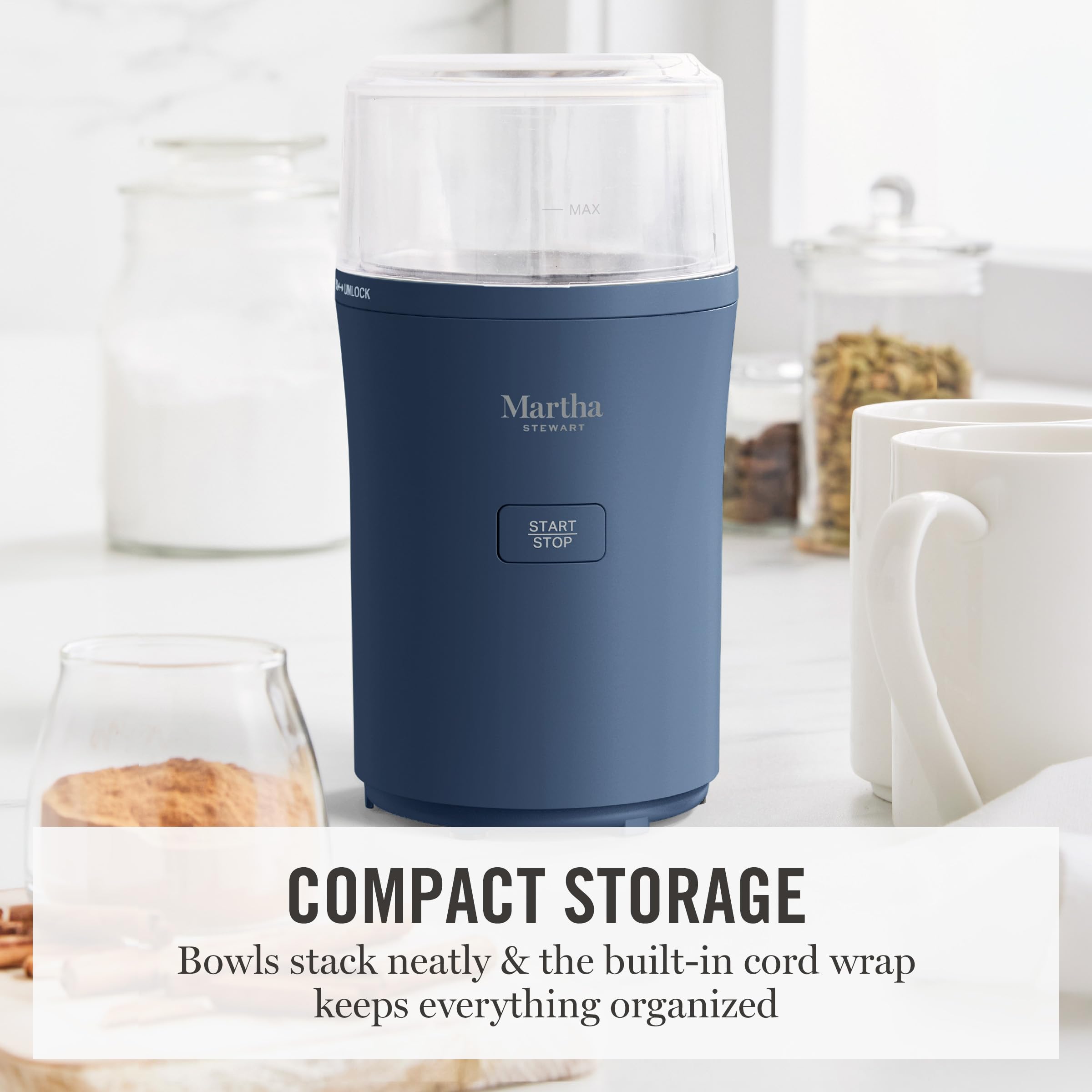 Martha Stewart Electric Coffee & Spice Grinder, Dual 2.5oz Removable Bowls, Storage Lids, Stainless Steel Blades, One Touch Pulse Control, 2-in-1 Compact, Beans & Spices, Herbs & Nuts, Honeydew Green