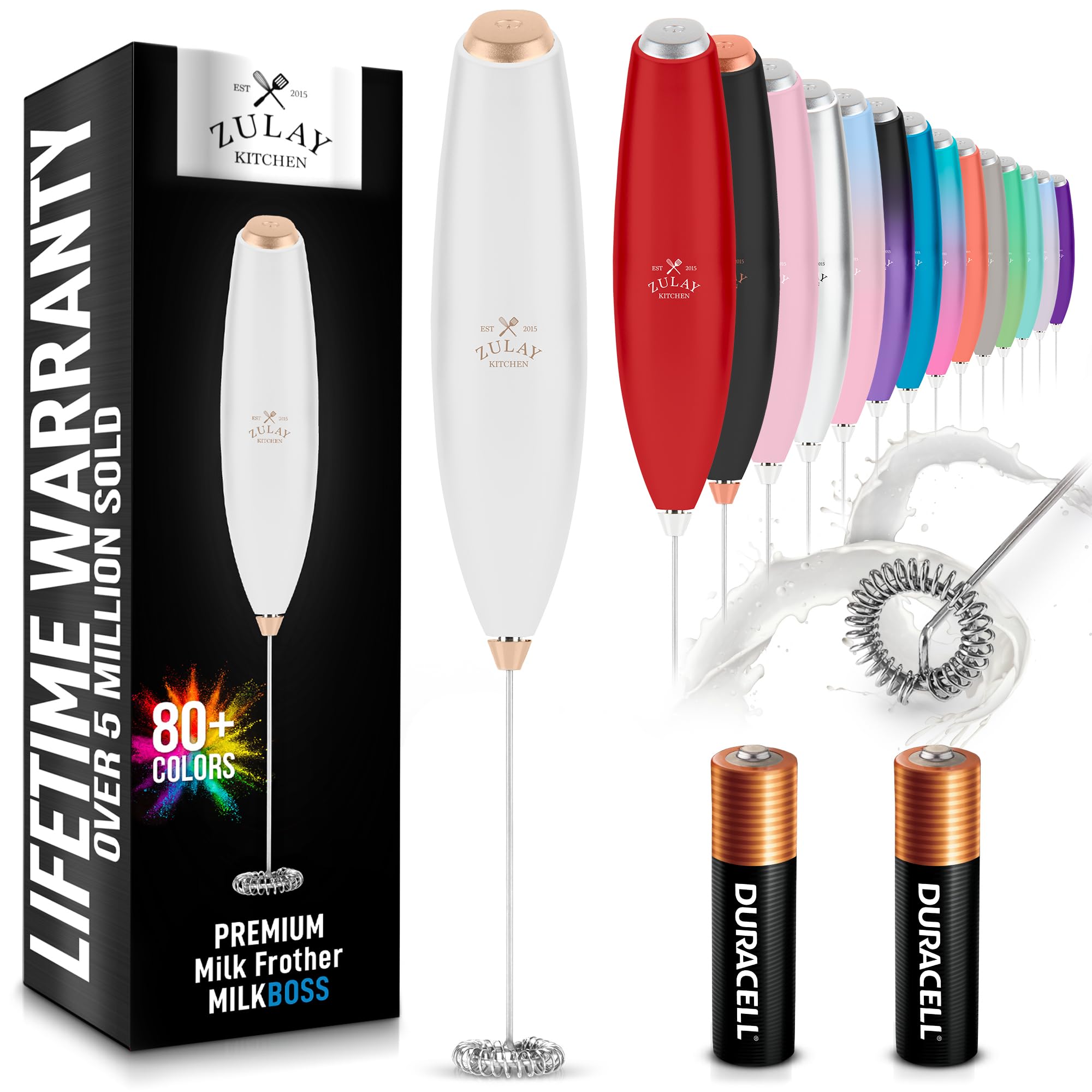 Zulay Kitchen Powerful Milk Frother AA Batteries Included – Ultra Fast Handheld Drink Mixer with Stainless Steel Whisk Stirrer for Coffee, Protein, Matcha & More, Frother Wand Electric Frothmate Black
