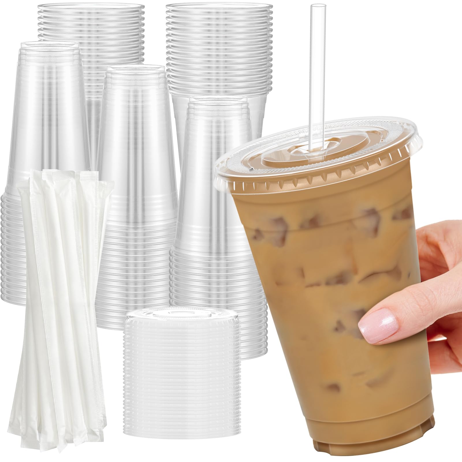 Dealusy 100 Pack - 20 oz Clear Plastic Cups with Lids and Straws, Sturdy & Food Safe Iced Coffee Cups with lids, Disposable Plastic Smoothie Cups for Cold Drinks