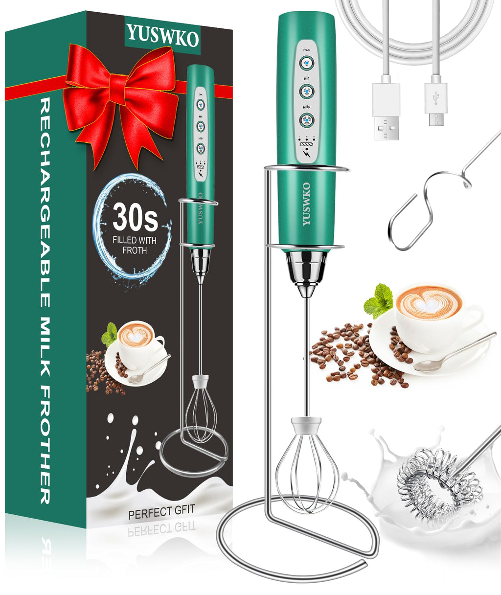 YUSWKO Black Handheld Milk Frother Wand for Coffee, Rechargeable Electric Whisk with 3 Heads 3 Speeds Drink Mixer Coffee Frother For Latte, Cappuccino, Hot Chocolate, Egg