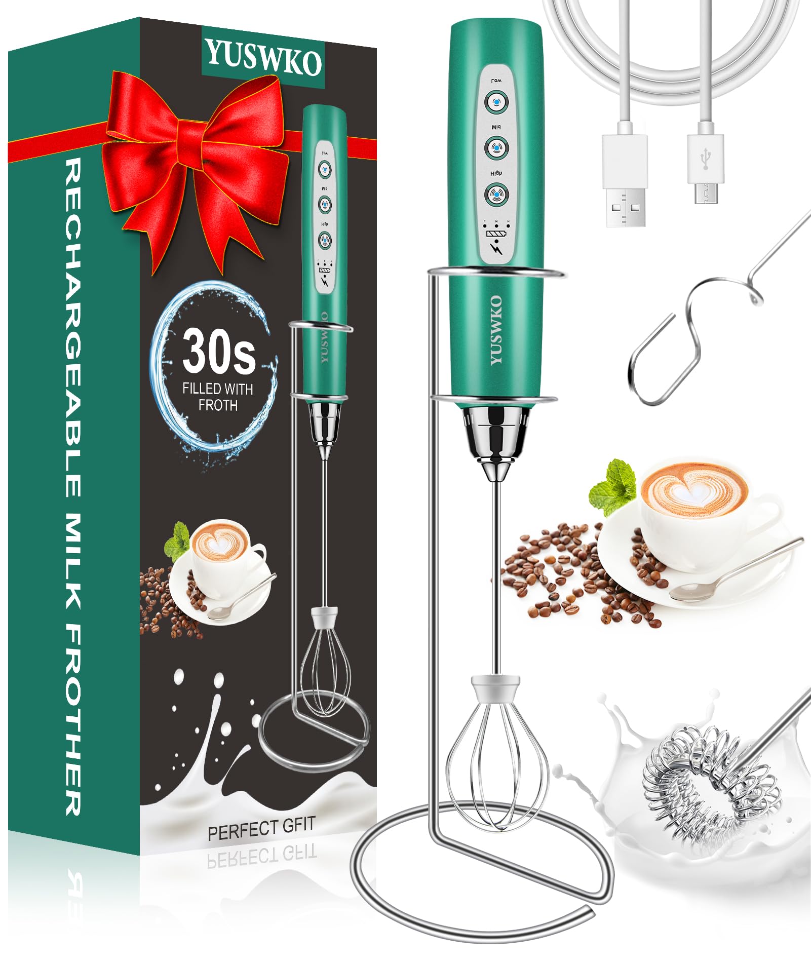 YUSWKO Black Handheld Milk Frother Wand for Coffee, Rechargeable Electric Whisk with 3 Heads 3 Speeds Drink Mixer Coffee Frother For Latte, Cappuccino, Hot Chocolate, Egg