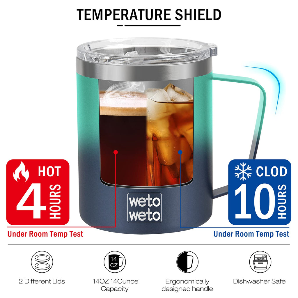 WETOWETO Coffee Mug with Handle, 14oz Insulated Stainless Steel Coffee Travel Mug, Double Wall Vacuum Reusable Coffee Cup with Lid, Powder Coated Rose Gold