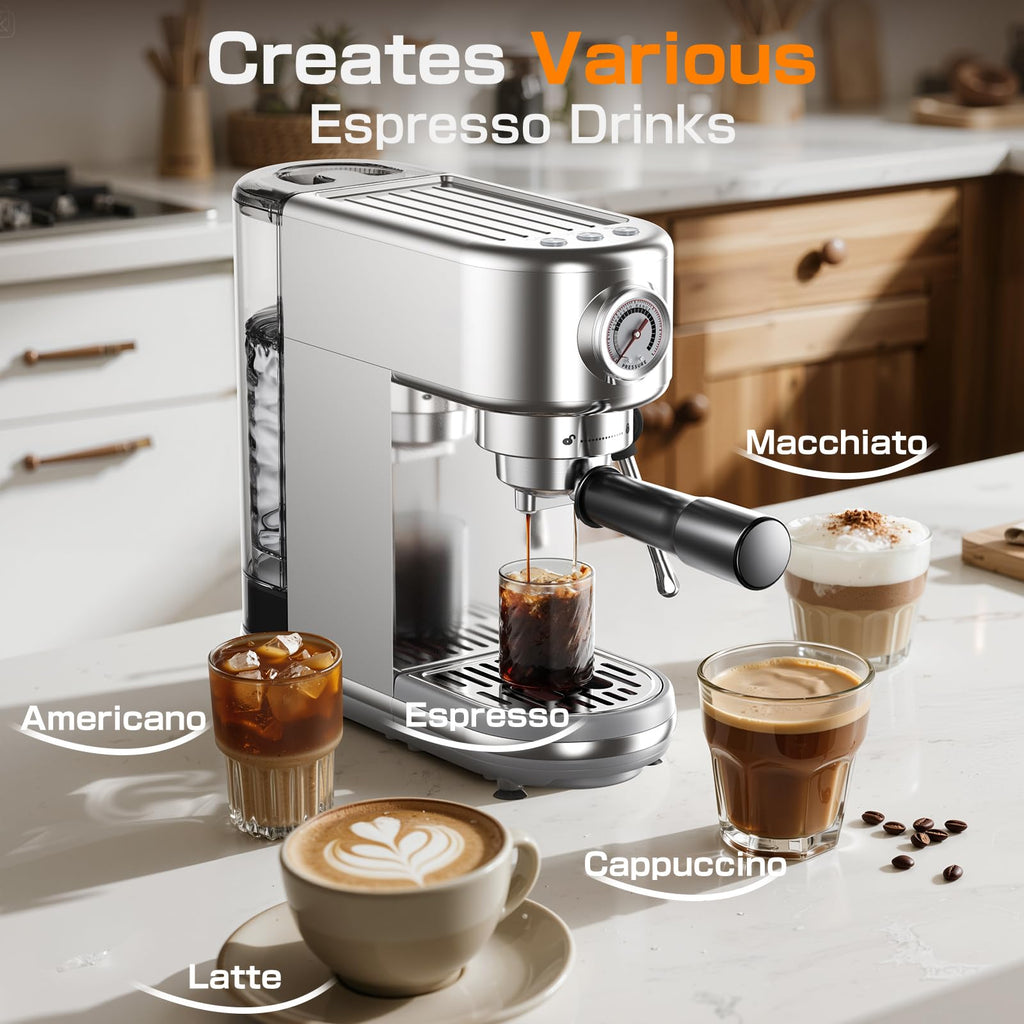 atatix Espresso Machine with Milk Frother, 20 Bar Pressure Espresso Maker, with 44OZ Removable Tank, Compact Stainless Steel Coffee Machine for Home, Office, Latte, Cappuccino, Macchiato, Silver