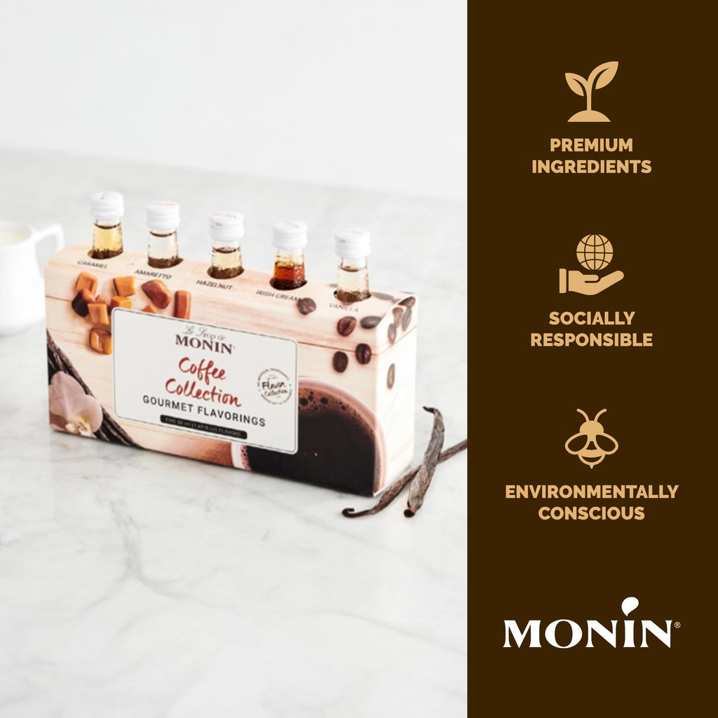Monin - Gourmet Flavorings Coffee Collection (Caramel, Amaretto, Hazelnut, Irish Cream, Vanilla) | Clean Label, No Artificial Flavors, No Artificial Preservatives (5-pack, 50 ml each)