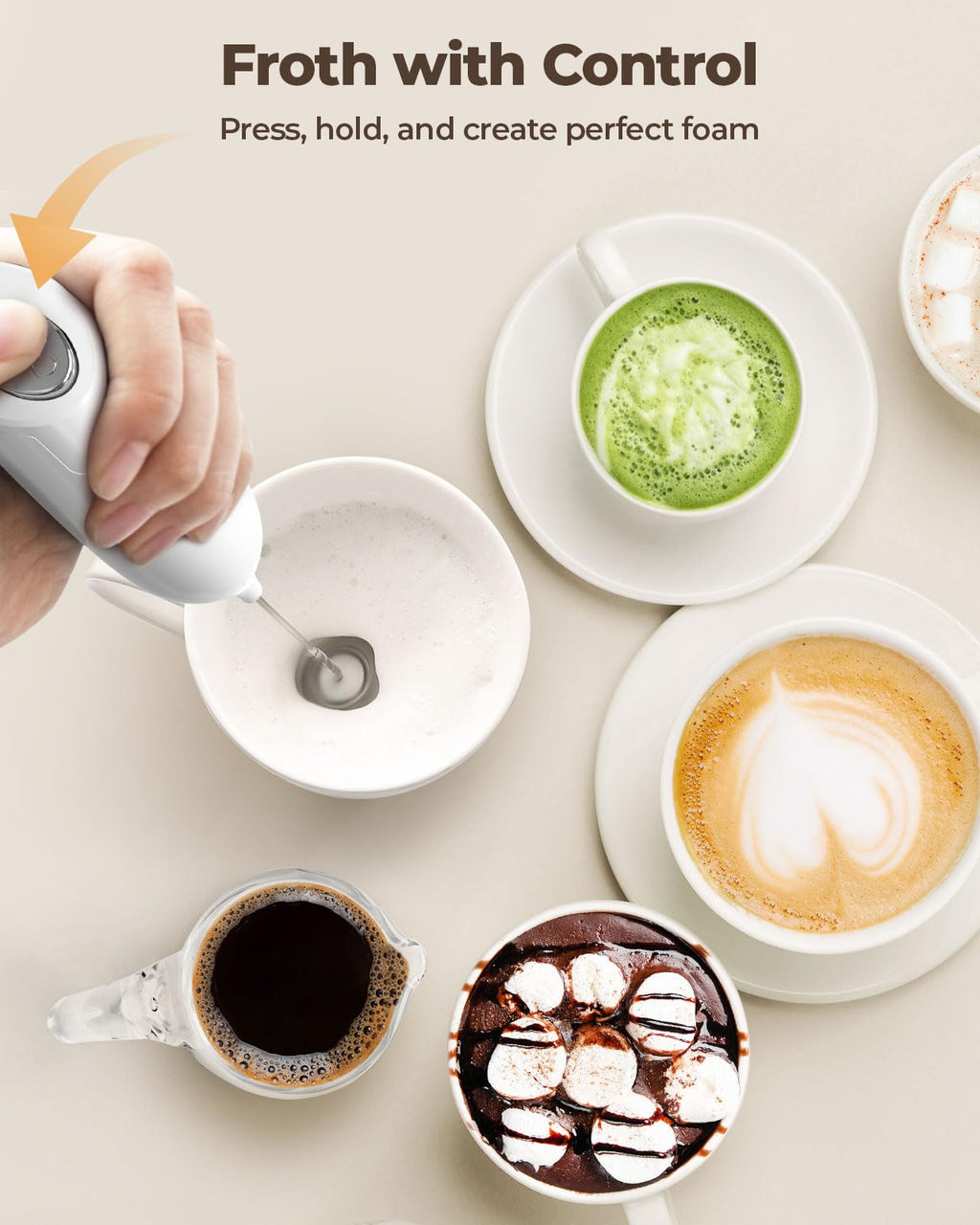 SIMPLETASTE Milk Frother Handheld Electric Foam Maker, Drink Mixer with Stainless Steel Whisk for Cappuccino, Bulletproof Coffee, Latte, Gray, with Stand, Battery Operated