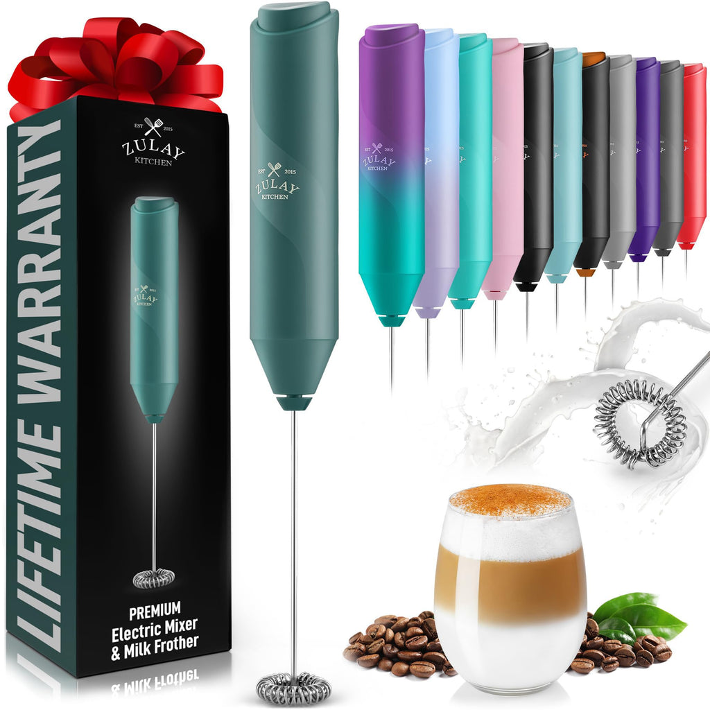 Zulay Kitchen Powerful Milk Frother AA Batteries Included – Ultra Fast Handheld Drink Mixer with Stainless Steel Whisk Stirrer for Coffee, Protein, Matcha & More, Frother Wand Electric Frothmate Black