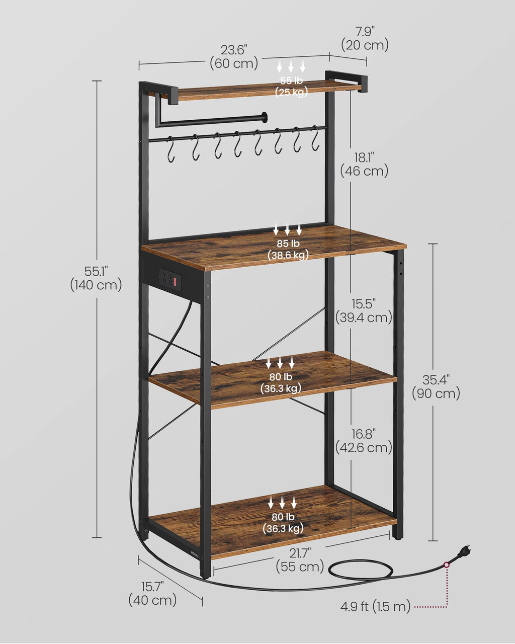 VASAGLE BARNET Collection - Kitchen Bakers Rack with Power Outlet, 31.5-Inch Wide Coffee Bar 4-Tier with 8 S Hooks, Modern Microwave Stand, Adjustable Shelf, Rustic Brown and Ink Black UKKS029KD01