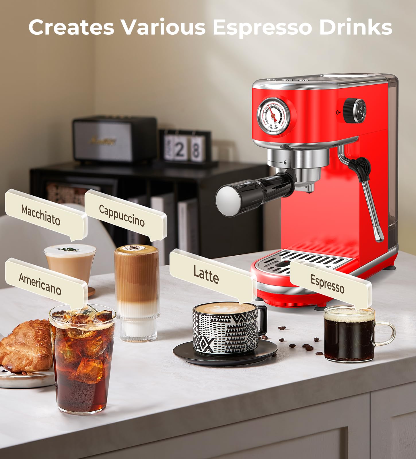 atatix Espresso Machine with Milk Frother, 20 Bar Pressure Espresso Maker, with 44OZ Removable Tank, Compact Stainless Steel Coffee Machine for Home, Office, Latte, Cappuccino, Macchiato, Silver
