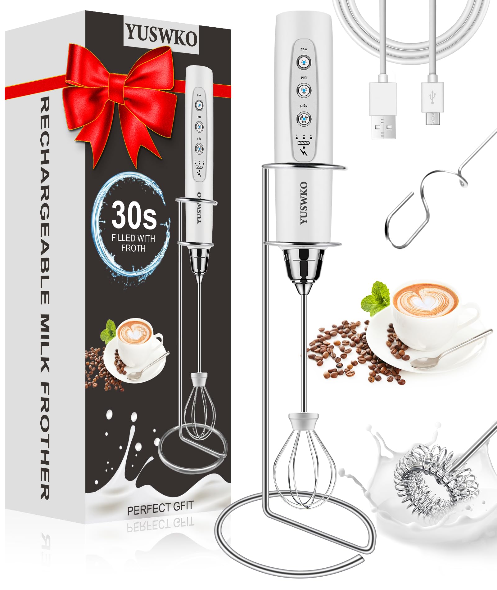 YUSWKO Black Handheld Milk Frother Wand for Coffee, Rechargeable Electric Whisk with 3 Heads 3 Speeds Drink Mixer Coffee Frother For Latte, Cappuccino, Hot Chocolate, Egg