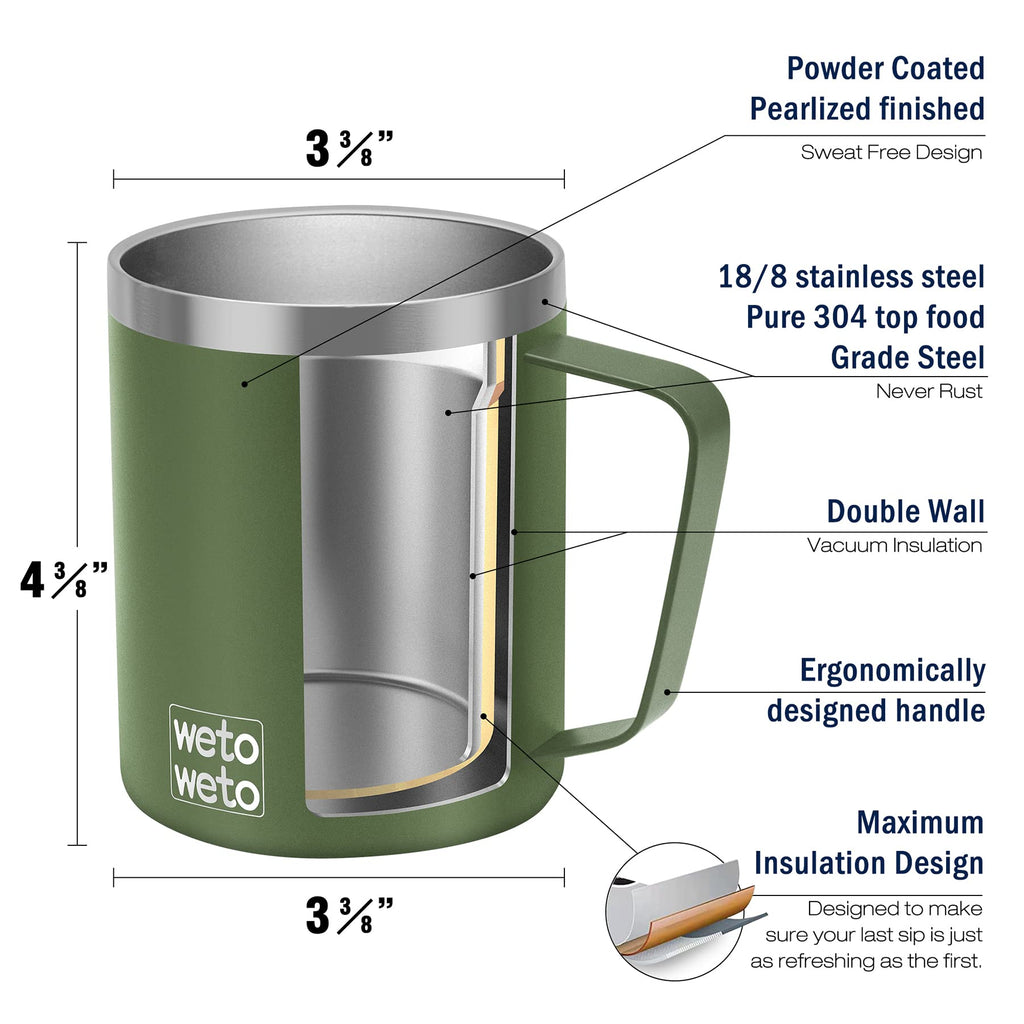 WETOWETO Coffee Mug with Handle, 14oz Insulated Stainless Steel Coffee Travel Mug, Double Wall Vacuum Reusable Coffee Cup with Lid, Powder Coated Rose Gold