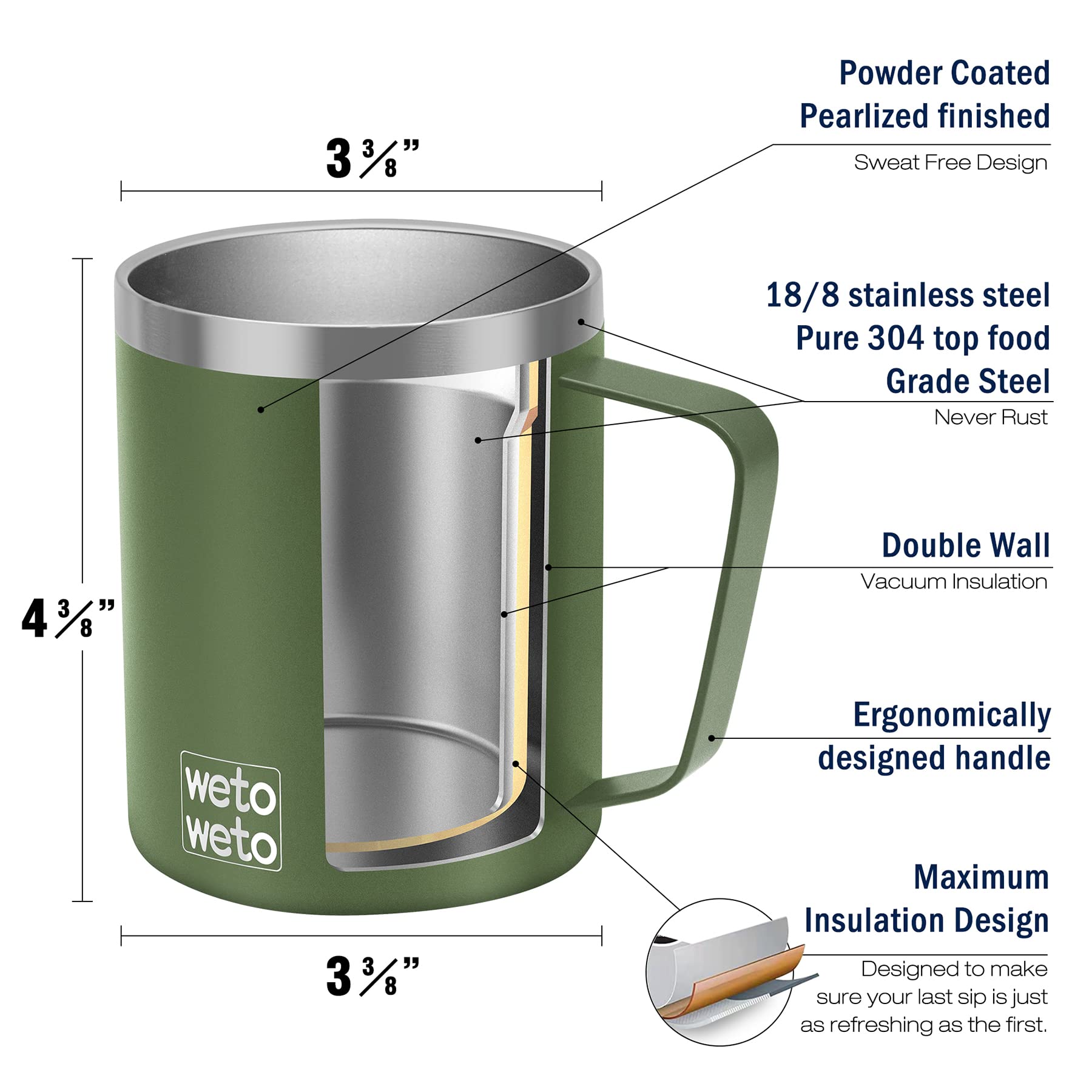WETOWETO Coffee Mug with Handle, 14oz Insulated Stainless Steel Coffee Travel Mug, Double Wall Vacuum Reusable Coffee Cup with Lid, Powder Coated Rose Gold
