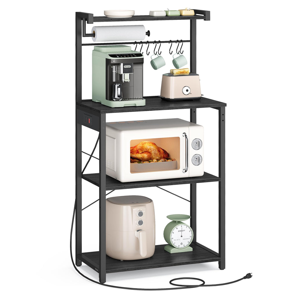 VASAGLE BARNET Collection - Kitchen Bakers Rack with Power Outlet, 31.5-Inch Wide Coffee Bar 4-Tier with 8 S Hooks, Modern Microwave Stand, Adjustable Shelf, Rustic Brown and Ink Black UKKS029KD01