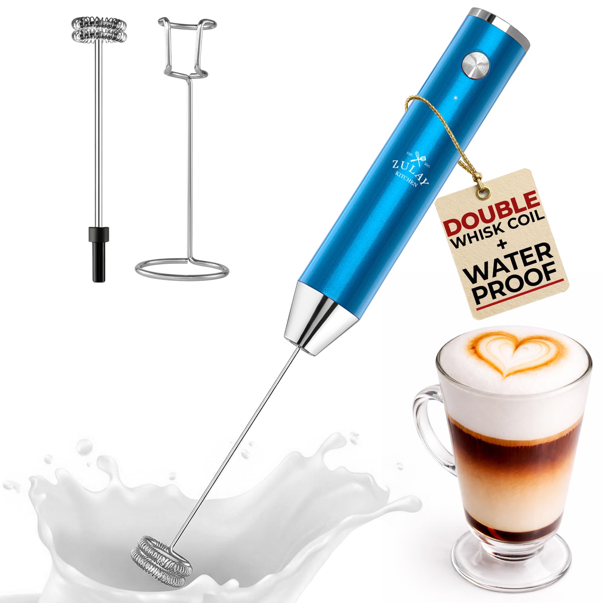 Zulay Kitchen Rechargeable Milk Frother Handheld - Frother Wand, Drink Mixer, Electric Whisk Frother, for Cappuccinos, Matcha & Protein Powder - Lux 4 Whisk 2 Speed Waterproof 2000mAh Alpha Black