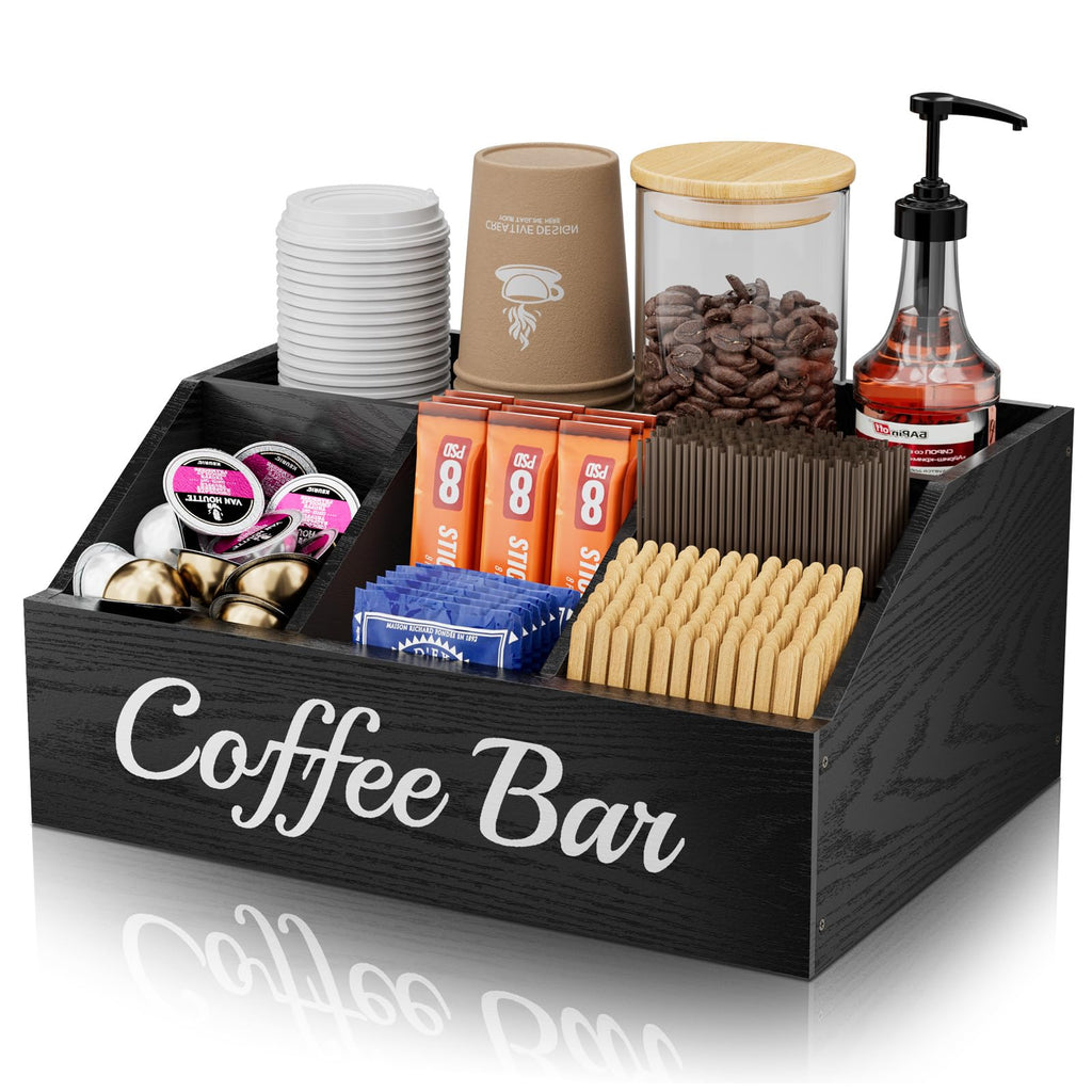 Coffee Station Organizer for Countertop – Wooden Coffee Bar Organizer with Adjustable Dividers,Holds K Cup Pod & syrup bottles, for Kitchen, Office, or Bar and Tea Station, Black