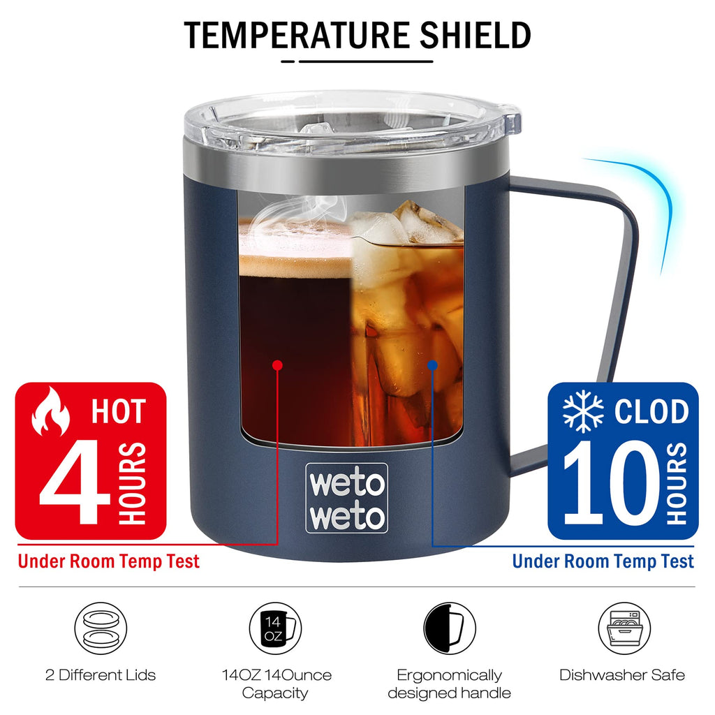 WETOWETO Coffee Mug with Handle, 14oz Insulated Stainless Steel Coffee Travel Mug, Double Wall Vacuum Reusable Coffee Cup with Lid, Powder Coated Rose Gold