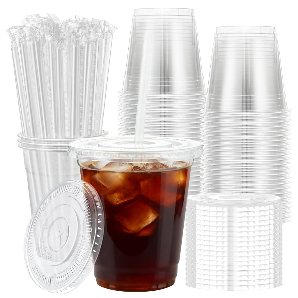 Lamosi 100 Pack 20 oz Clear Plastic Cups with Lids and Straws, Disposable Iced Coffee Cups with Lids for To-Go Cold Drinks, Smoothies and Slushie