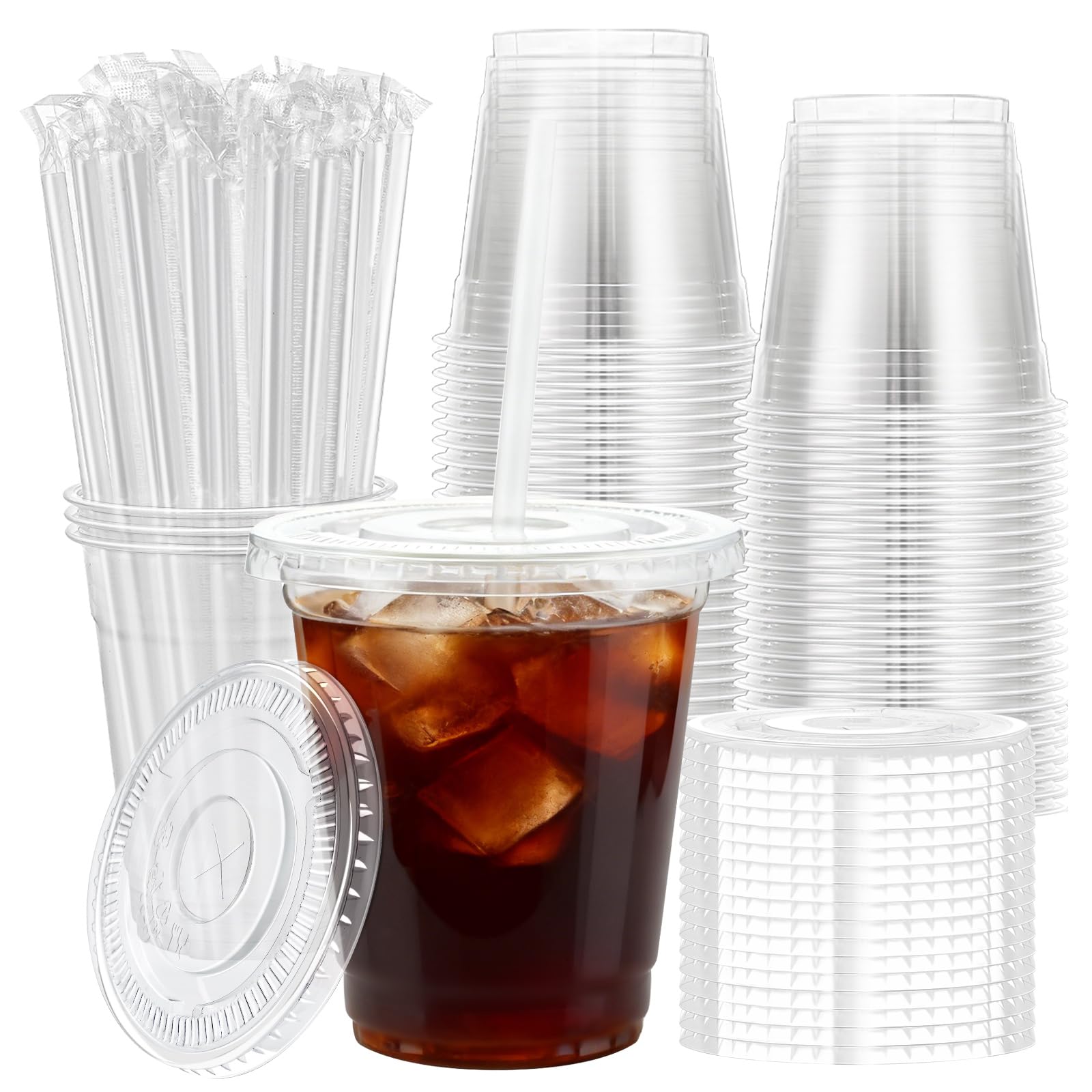 Lamosi 100 Pack 20 oz Clear Plastic Cups with Lids and Straws, Disposable Iced Coffee Cups with Lids for To-Go Cold Drinks, Smoothies and Slushie