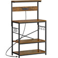 SUPERJARE Kitchen Bakers Rack with Power Outlet, Coffee Bar Table 4 Tiers, Kitchen Microwave Stand with 6 S-shaped Hooks, Storage Shelf Rack for Spices, Pots and Pans - Rustic Brown