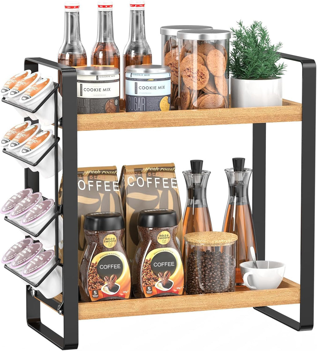 LEMIKKLE Coffee Station Organizer with Pod Holder and Drawer, Kitchen Countertop Organizer, Coffee Bar Accessories Station with Coffee Pod Storage, 2-Tier Wood Coffee Organizer With 6 Hooks