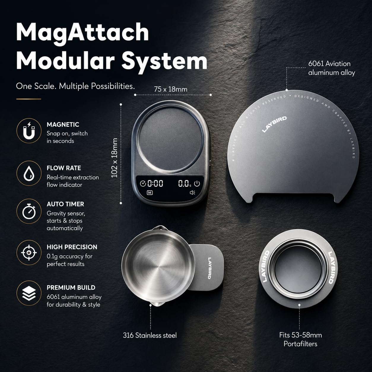 LAYBIRD MagAttach 3-in-1 Coffee Scale with Timer – Precision Espresso & Pour Over Scale with Flow Rate and Brew Ratio Display, Includes Magnetic Dosing Cup and Extension Platform Brewing Accessories
