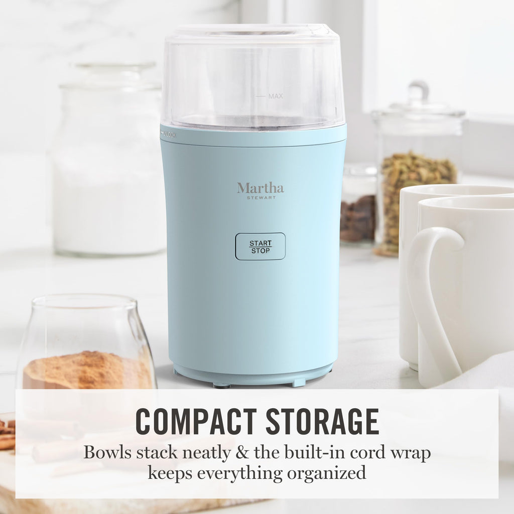 Martha Stewart Electric Coffee & Spice Grinder, Dual 2.5oz Removable Bowls, Storage Lids, Stainless Steel Blades, One Touch Pulse Control, 2-in-1 Compact, Beans & Spices, Herbs & Nuts, Honeydew Green