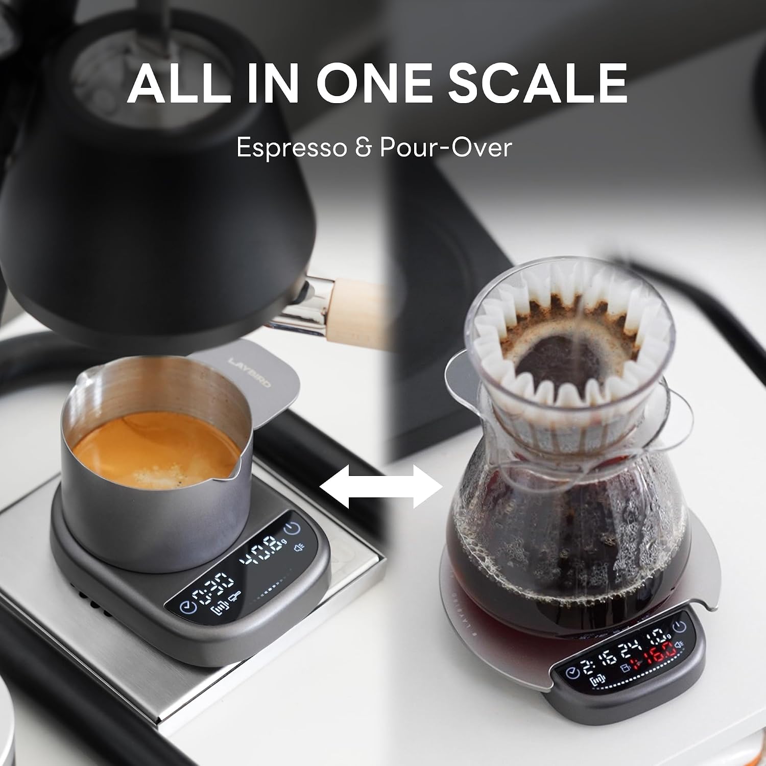 LAYBIRD MagAttach 3-in-1 Coffee Scale with Timer – Precision Espresso & Pour Over Scale with Flow Rate and Brew Ratio Display, Includes Magnetic Dosing Cup and Extension Platform Brewing Accessories