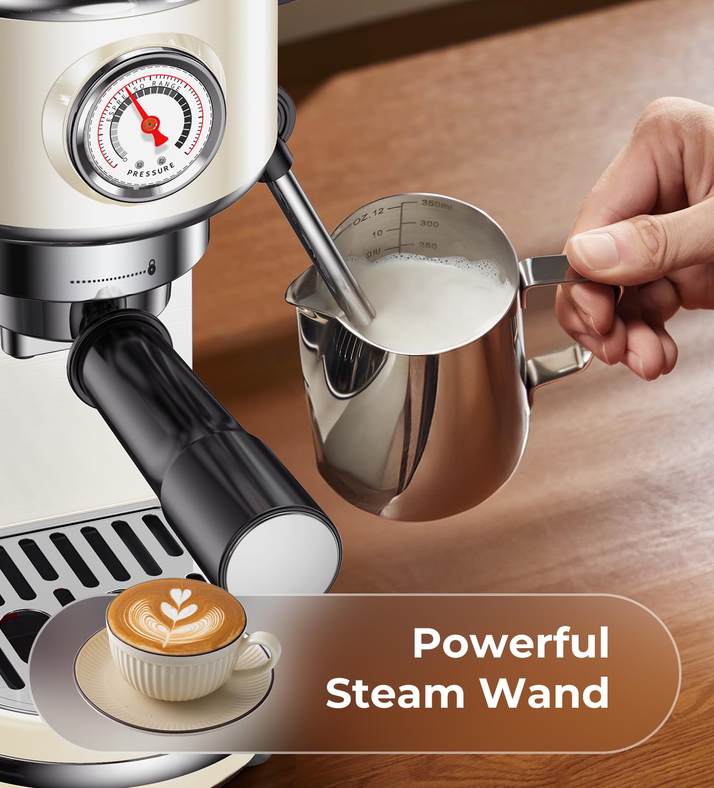 atatix Espresso Machine with Milk Frother, 20 Bar Pressure Espresso Maker, with 44OZ Removable Tank, Compact Stainless Steel Coffee Machine for Home, Office, Latte, Cappuccino, Macchiato, Silver