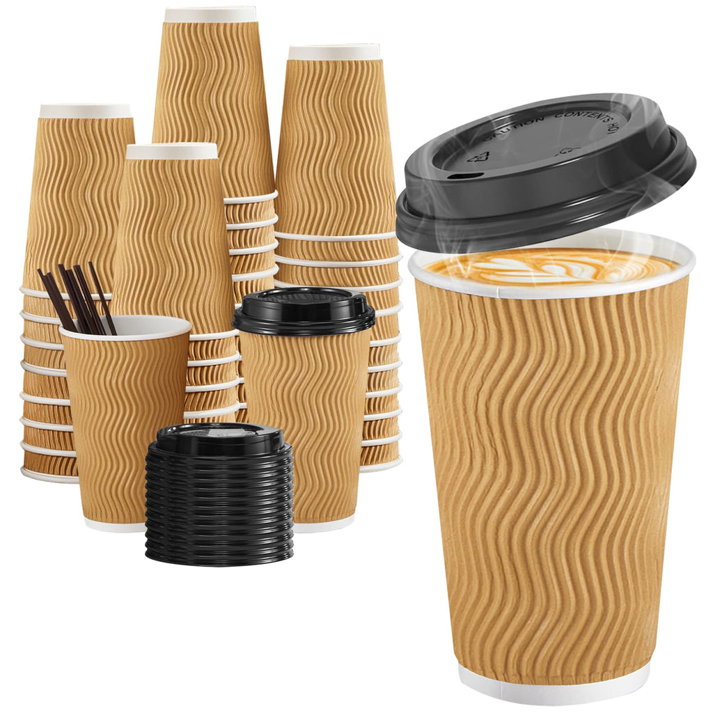 SIUQ 12 oz Coffee Cups-90 Pack Disposable Coffee Cups with Lids and Straws, Insulated Ripple Wall To Go Paper Coffee Cup for Coffee, Hot Chocolate and Hot Tea Drinks - Champagne