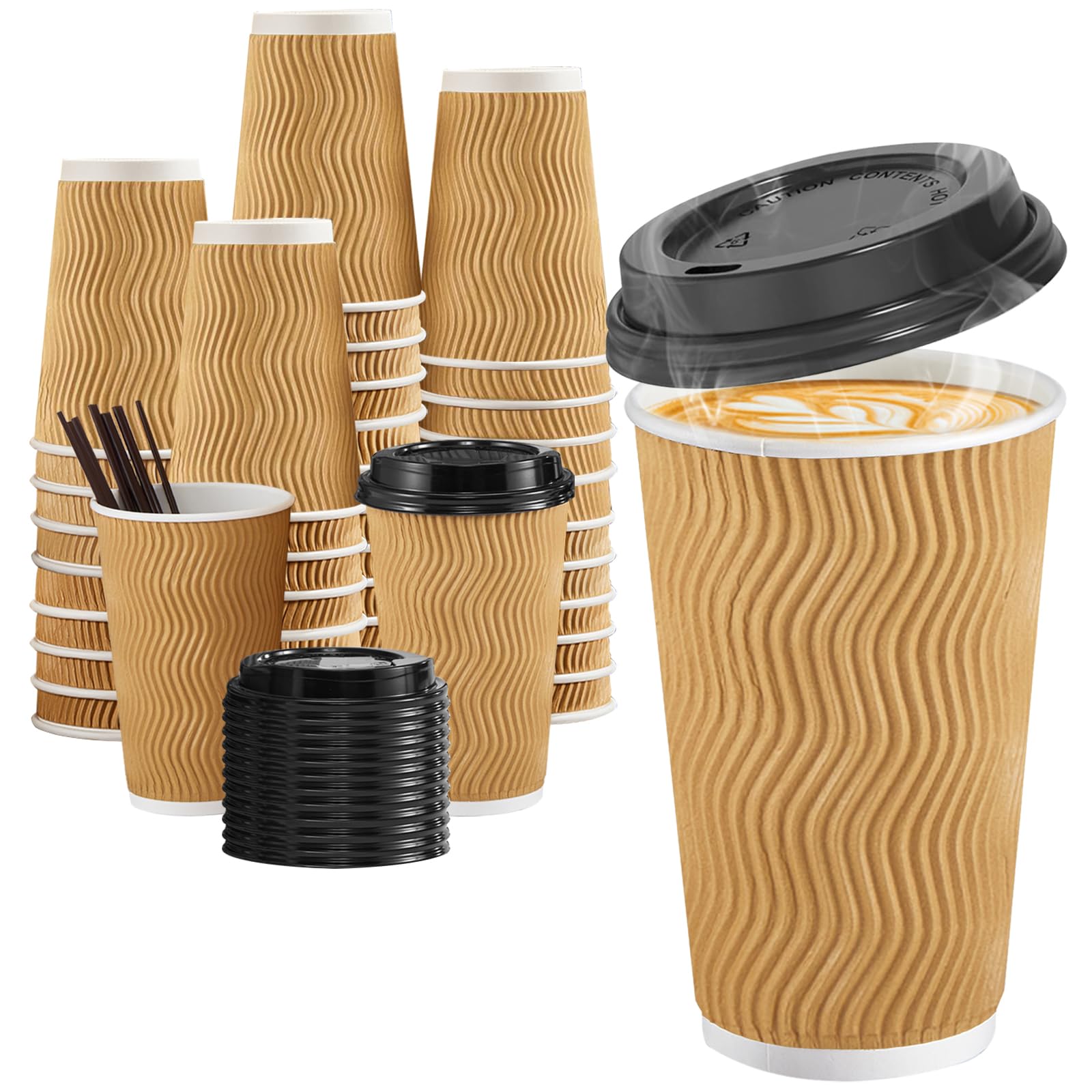 SIUQ 12 oz Coffee Cups-90 Pack Disposable Coffee Cups with Lids and Straws, Insulated Ripple Wall To Go Paper Coffee Cup for Coffee, Hot Chocolate and Hot Tea Drinks - Champagne
