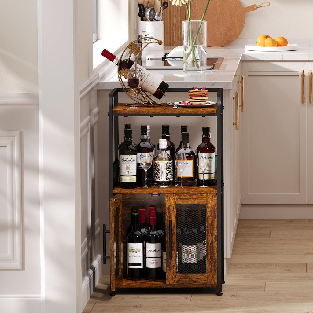 Hencawima Coffee Bar Cabinet, 3 Tier Coffee Station Table on Wheels, 35.9" H Bar Cart with Wire Basket Drawer & 5 Hooks for Home Kitchen, Liquor Buffet Sideboard Cabinet (Rustic Brown)
