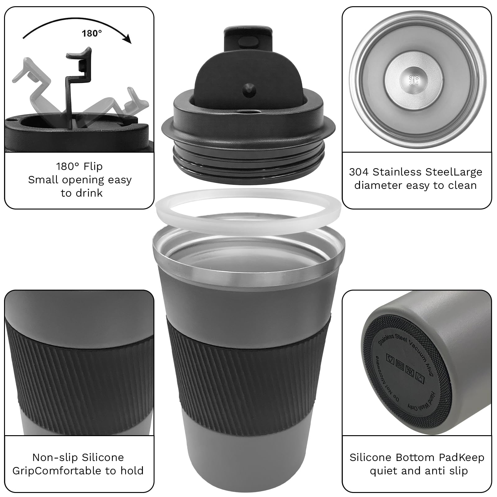 YINBAOGE Insulated Travel Coffee Mug, Spill & Leak Proof, Portable To Go Camping Stainless Steel Coffee Tumbler, Reusable Thermal Coffee Cup with Lid for Hot & Cold Drinks (Black, 12 OZ)